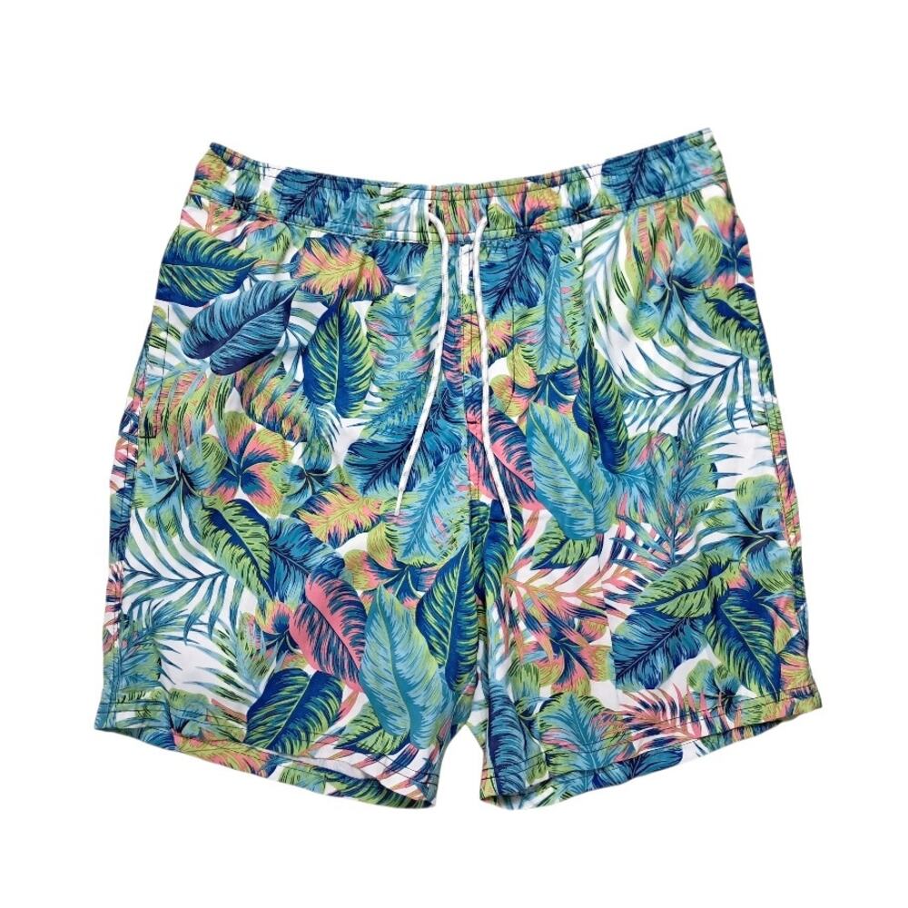 GOODFELLOW Men's tropical Swim Shorts Sz M Turquoise Pink Elastic Waist Pockets